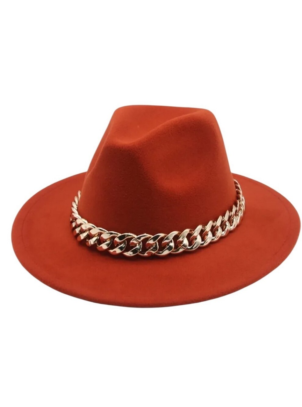 BOHO RUST ORANGE FELT FEDORA HAT GOLD CHAIN ADJUSTABLE BAND NWOT